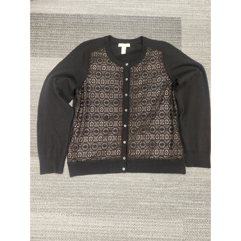 Banana‎ Republic Front Lace Overlay Black Tan Cardigan Button Down Sweater Sz XL
